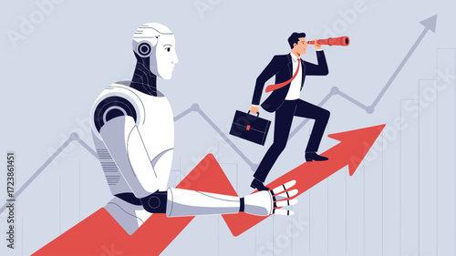  Conceptual illustration of AI-powered business growth with humanoid robot assisting businessman on upward arrow graph, symbolizing innovation