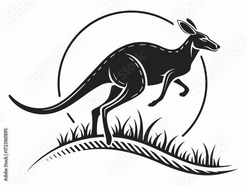 Silhouetted kangaroo logo design, leaping over stylized landscape. This stylized vector graphic features a kangaroo leaping across a stylized landscape, encircled by stars.
