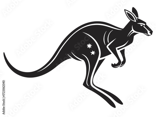 Silhouetted kangaroo logo design, leaping over stylized landscape. This stylized vector graphic features a kangaroo leaping across a stylized landscape, encircled by stars.