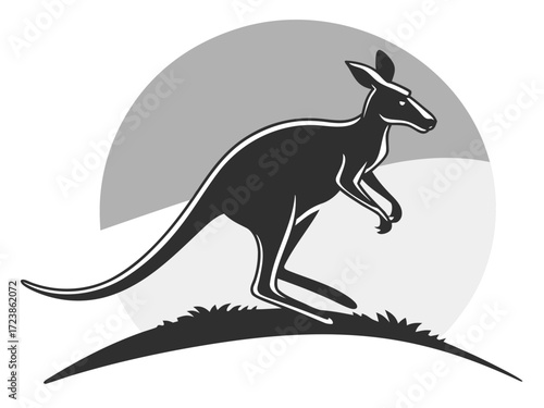 Silhouetted kangaroo logo design, leaping over stylized landscape. This stylized vector graphic features a kangaroo leaping across a stylized landscape, encircled by stars.
