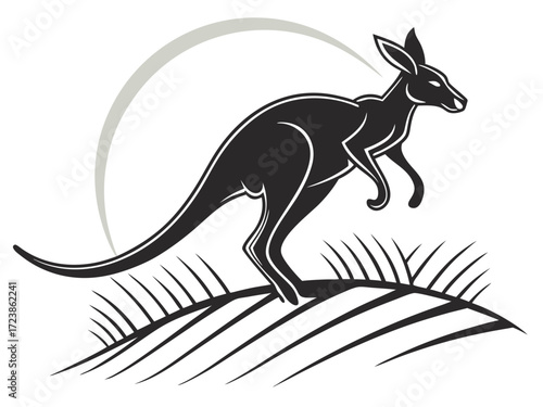 Silhouetted kangaroo logo design, leaping over stylized landscape. This stylized vector graphic features a kangaroo leaping across a stylized landscape, encircled by stars.