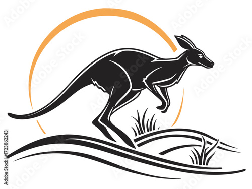 Silhouetted kangaroo logo design, leaping over stylized landscape. This stylized vector graphic features a kangaroo leaping across a stylized landscape, encircled by stars.