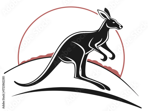 Silhouetted kangaroo logo design, leaping over stylized landscape. This stylized vector graphic features a kangaroo leaping across a stylized landscape, encircled by stars.