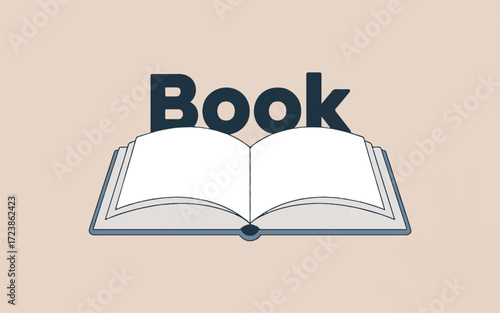 Open book with blank pages and the word Book above it on a beige background reading