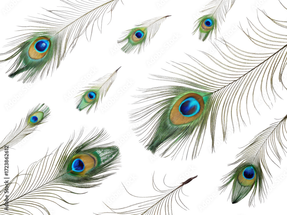 Obraz premium Beautiful peacock feathers with vibrant colors and intricate patterns create stunning visual display. rich greens and blues evoke sense