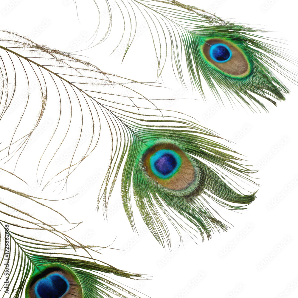 Obraz premium Elegant peacock feathers with vibrant green and blue hues showcase intricate patterns and textures, perfect for decorative purposes