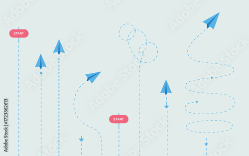 Origami Paper Airplanes Flying with Dashed Lines Indicating Paths flight travel
