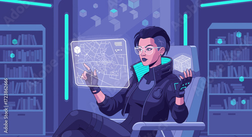 Futuristic cyber woman interacting with augmented reality interface in a digital room