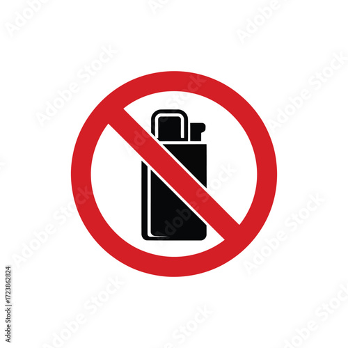 “No Lighters Allowed” symbol with black lighter and red prohibition circle—representing fire safety, restriction, and hazard prevention