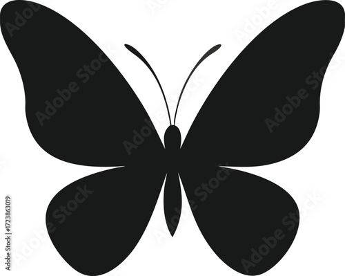  Elegant butterfly silhouette in solid black, smooth curves, perfectly balanced wings, flat vector illustration, isolated on white