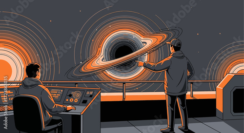 Futuristic observation: scientists studying a massive black hole in deep space