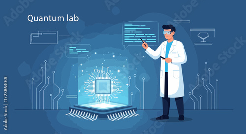 Futuristic quantum computing lab with a scientist analyzing a quantum processor unit
