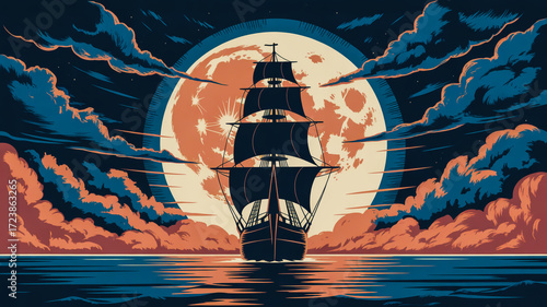 A stylized digital illustration of a tall sailing ship silhouetted against a large full moon