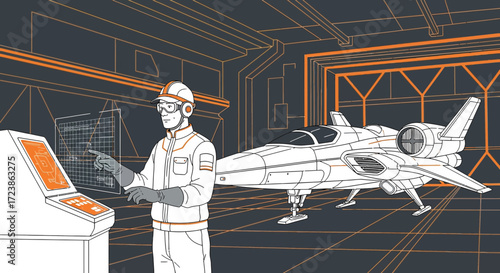 Futuristic Spacecraft Maintenance: An Engineer Inspecting a Spaceship in a Hangar Facility