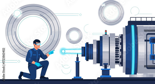 Futuristic technology concept with engineer inspecting advanced industrial machinery operation