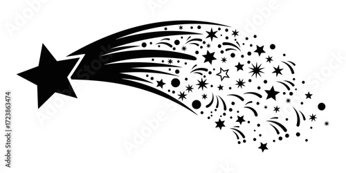 Dynamic illustration of a celebratory shooting star with a magical trail of stardust and fireworks