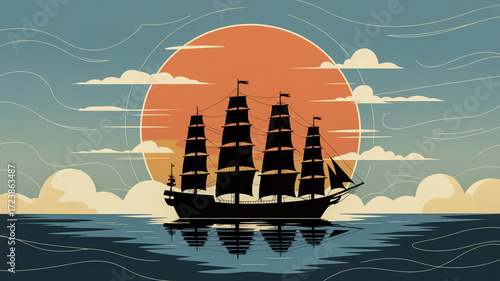 A stylized digital illustration of a tall ship silhouetted against a large orange sun in the sky.