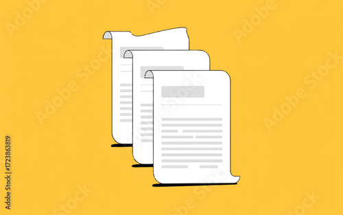 Three documents with curved pages and text lines on a yellow background papers sheets