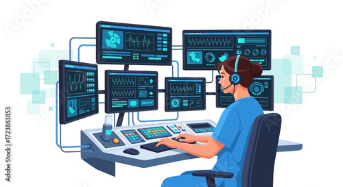 Healthcare professional monitoring vital signs and data on multiple computer screens in a control