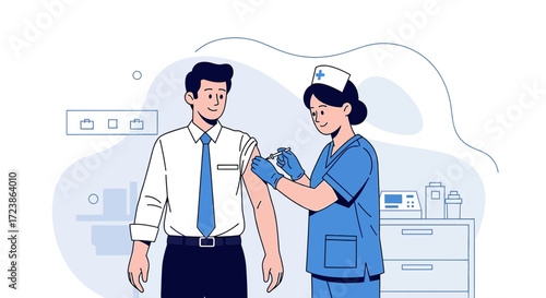 Illustration depicting a nurse administering a vaccine to a businessman in clinic setting