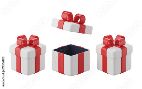 Three White Gift Boxes with Red Ribbons and Stripes on White Background present surprise