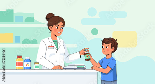 Illustration depicting a pharmacist handing medication to a child patient in a pharmacy setting