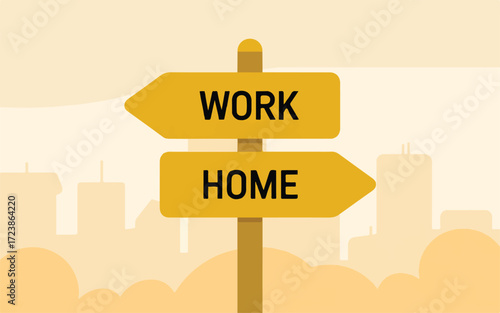 Yellow directional signpost with WORK and HOME text in front of a city silhouette work home