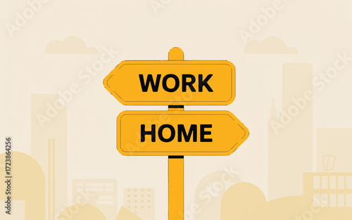 Yellow directional signpost with WORK and HOME text against a city skyline background work home