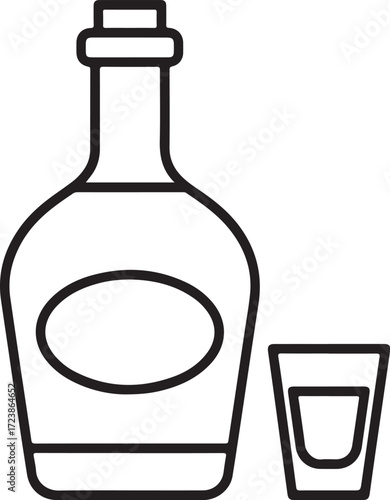 Simple outline illustration of a liquor bottle and a shot glass