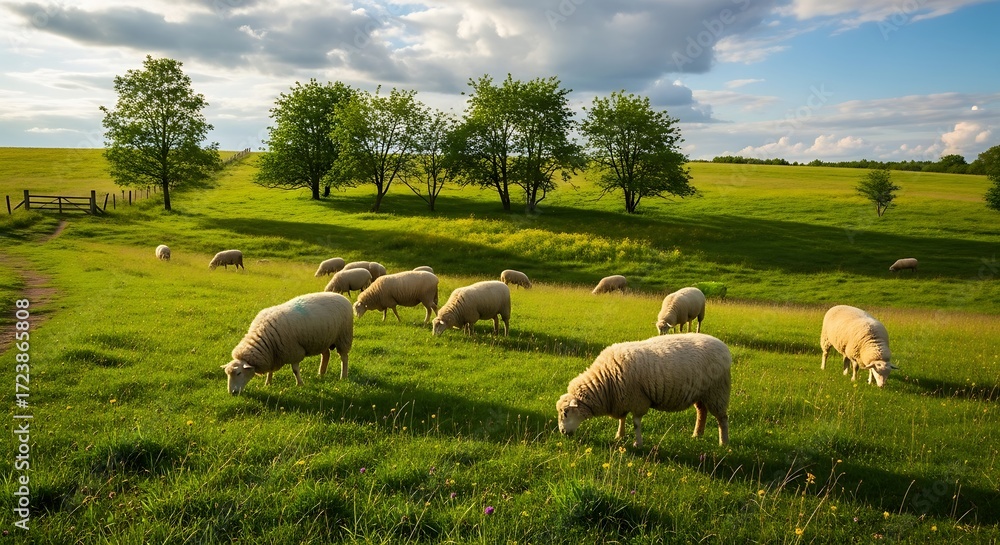 Obraz premium Sheep Grazing in a Lush Green Meadow on a Sunny Day.