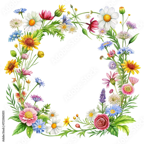 A vibrant watercolor wreath composed of diverse wildflowers and blooming blossoms