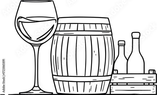 Wine Scene Vector Featuring Barrel, Glass, and Crate of Bottles in Black and White Line Art for Vineyard or Tasting Themes