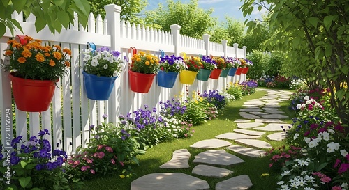 Charming garden path lined with colorful flower pots hanging on a white picket fence in bloom