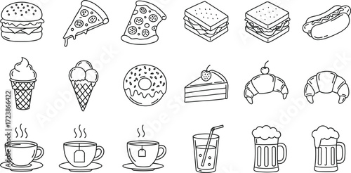 Black and white food drink line icons with burger, pizza, sandwich, hotdog, ice cream, donut, coffee, tea, beer