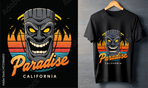 Paradise California Tiki Mask T-Shirt Design Vintage Retro Sunset Illustration