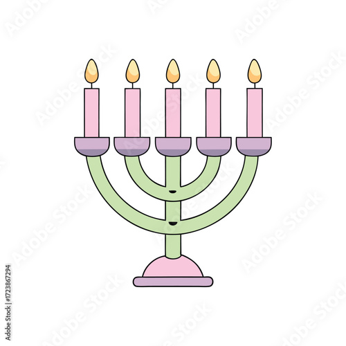 A stylized menorah with five lit pink candles and a green stand isolated on white background