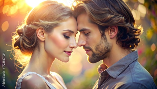 Romantic portrait featuring a couple, their faces touching with eyes closed. Soft sunlight illuminates the scene