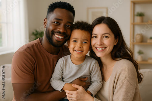 Portrait d’un couple mixte avec leur enfant
