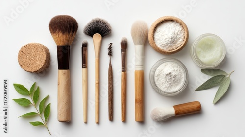 A flat lay of natural makeup brushes and skincare products on a clean surface, showcasing beauty tools and ingredients.