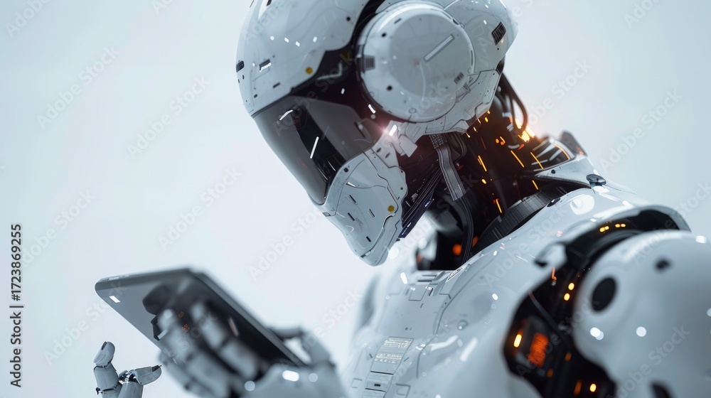 Fototapeta premium Futuristic android looking at digital tablet