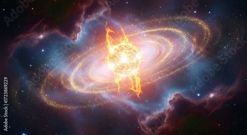 Exploding star ignites cosmic nebula with brilliant light and swirling dust clouds