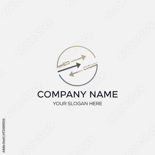 A circular logo featuring two opposing arrows, one black and one brown, indicating movement and direction within a business context.