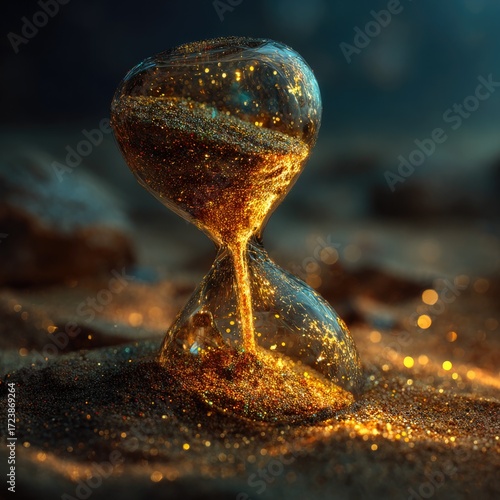 Shiny hourglass with golden glitter sand