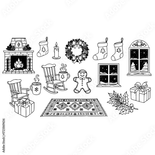 Christmas fireplace rocking chair gingerbread man stocking window gift wreath holly rug candle scene