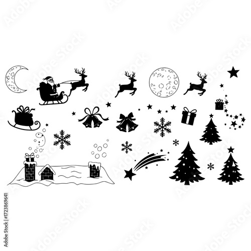 Christmas santa sleigh reindeer tree snowflake bells stars moon vector silhouette holiday season celebration