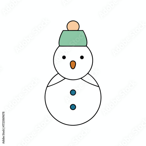 Cute cartoon snowman wearing a green hat with a peach pom pom isolated on white background