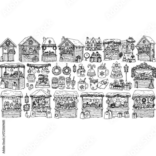 Christmas market winter holiday fair stall doodle sketch vector illustration xmas season celebration festive