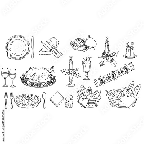 Thanksgiving christmas dinner table arrangement with turkey candle pie wine bread and holiday cracker sketch