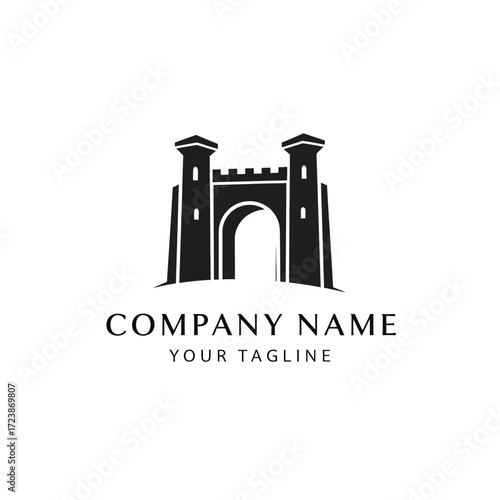 A classic black silhouette logo of a castle gate with two towers, suitable for corporate branding.