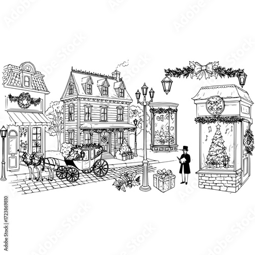 Vintage christmas town scene with horse carriage christmas tree and carolers holiday season drawing